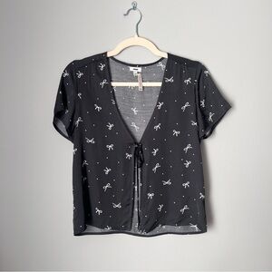 Aerie Bow Print Tie Front Top | Black & White | Size XS